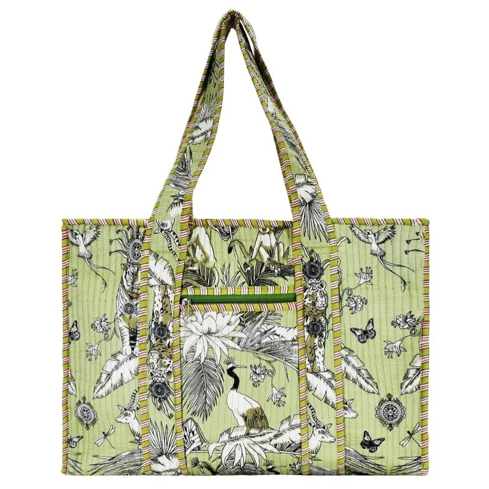 Quilted Green Botanical Print Tote Bag